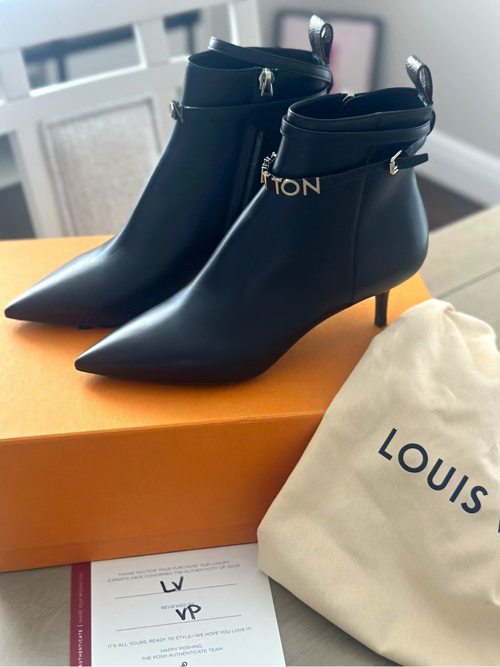 Louis Vuitton Black Leather Pointed-Kitten Heel Ankle Booties with LV Strap New